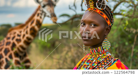 Woman in vibrant traditional African attire with intricate beadwork, standing in a savanna setting with a giraffe in the background, embodying cultural heritage and natural harmony 122564798