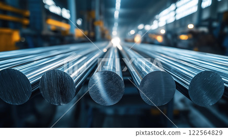 Close-up stainless steel round bar in Industrial Facility, industrial manufacturing. Created with Generative AI. 122564829