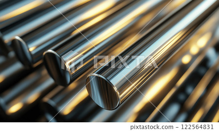 Close-up stainless steel round bar stacked in Industrial Facility, industrial manufacturing. Created with Generative AI. 122564831