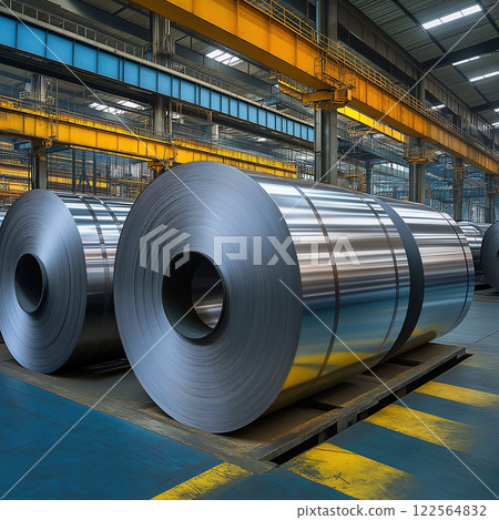 Cold rolled steel coil or stainless steel sheets in Industrial Facility, in steel industry plant. Created with Generative AI. Cold rolled steel coil or stainless steel sheets in Industrial Facility, in steel industry plant. Created with Generative AI. 122564832