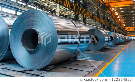 Cold rolled steel coil or stainless steel sheets in Industrial Facility, in steel industry plant. Created with Generative AI. Cold rolled steel coil or stainless steel sheets in Industrial Facility, in steel industry plant. Created with Generative AI. 122564833