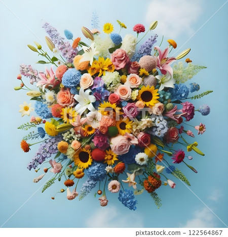 Colorful flowers, light blue sky background. 122564867