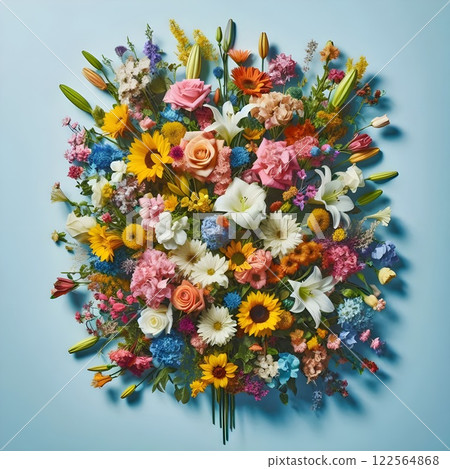 Colorful flowers, light blue sky background. 122564868