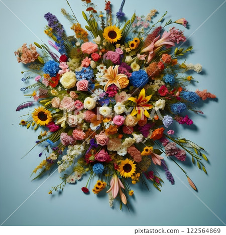 Colorful flowers, light blue sky background. 122564869