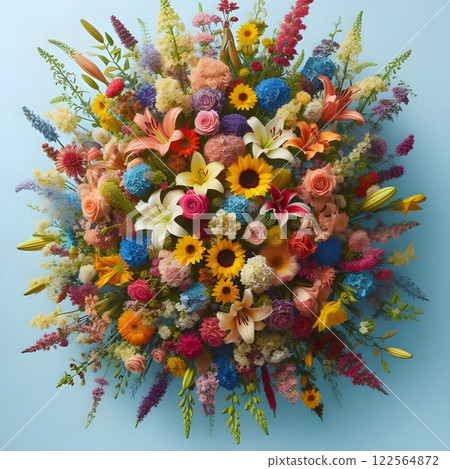 Colorful flowers, light blue sky background. 122564872