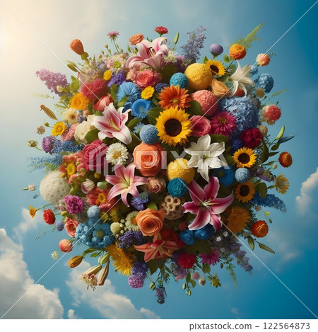 Colorful flowers, light blue sky background. Colorful flowers, light blue sky background. 122564873