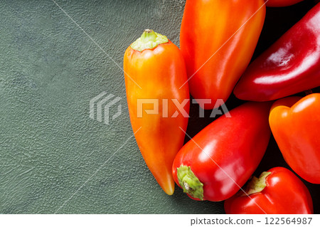 Ripe Red and Orange Peppers from Local Farmers Market for Vegan Kitchen Use, Top View, Copy Space 122564987