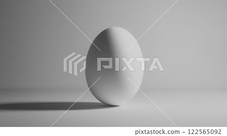A white egg placed upright in the center of a plain white background 122565092