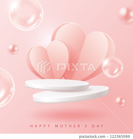 Printed love heart, rare pearls, transparent foam floating product display platform, suitable for Women's Day, Mother's Day, Lover's Day, anniversary day wide announcement material sheet 122565099