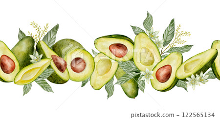 seamless border of Watercolor avocado illustration. Hand drawn botanical drawing. Half and slice fruit with leaves and seed. Green plant for food, cosmetic packaging design, card, invitation. 122565134