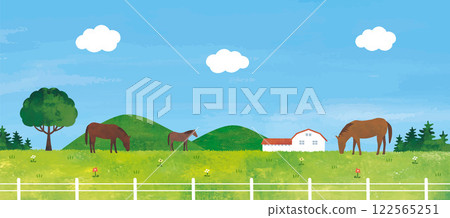 Landscape of ranch, mountains and horses Landscape of ranch, mountains and horses 122565251