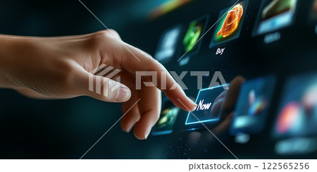 Woman pressing buy now button on futuristic interactive screen 122565256