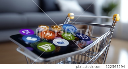 Shopping cart with colorful icons floating over smartphone promoting online shopping apps 122565294