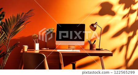 Modern home office setup with computer and desk lamp in warm orange room Modern home office setup with computer and desk lamp in warm orange room 122565299