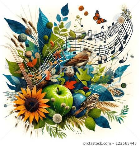Collage style graphics with elements from nature arranged into musical compositions. 122565445