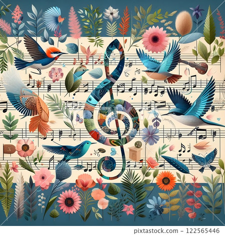 Collage style graphics with elements from nature arranged into musical compositions. 122565446