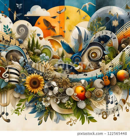 Collage style graphics with elements from nature arranged into musical compositions. 122565448