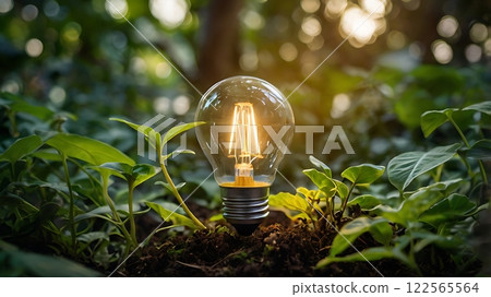 Illuminated Lightbulb Amidst Lush Greenery Illuminated Lightbulb Amidst Lush Greenery 122565564