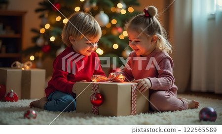 Sitting near a festive tree adorned with ornaments, two children excitedly open big presents 122565589