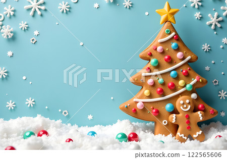 A festive gingerbread Christmas tree adorned with colorful icing, placed against a snowy design. A festive gingerbread Christmas tree adorned with colorful icing, placed against a snowy design. 122565606