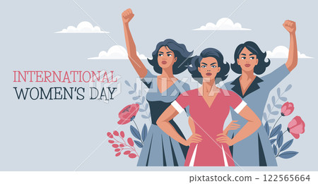 Women's Day card. Young women with flowers and raised hands in protest. Banner, poster, illustration Women's Day card. Young women with flowers and raised hands in protest. Banner, poster, illustration 122565664