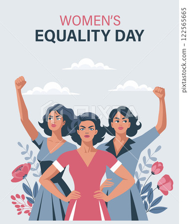 Women's Equality Day card. Women with flowers and raised hands in protest. Banner, poster 122565665
