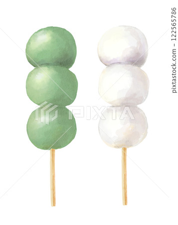 Watercolor illustration of cute skewered dumplings seen from directly above (kusamochi, white) 122565786