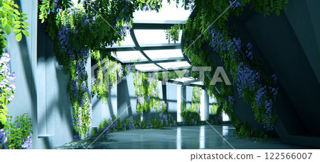Futuristic Concrete Hallway with Lush Greenery and Sunlight, Abstract Background 122566007