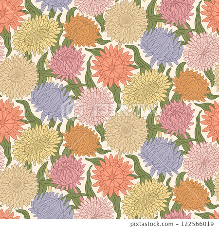 Colorful floral vector seamless pattern. Pastel colored strawflower and chrysanthemum blooms. Spring summer flowers and green leaves on white background. Fresh botanical repeat illustration design 122566019