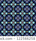 Arabian ethnic tribal fabric pattern features intricate floral designs in stunning blue and navy blue tones. The contrast ethnic the dark background enhances its elegance and uniqueness, ethnic  122566258