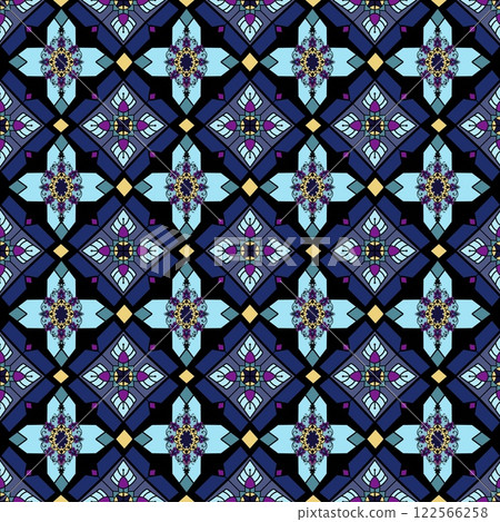Arabian ethnic tribal fabric pattern features intricate floral designs in stunning blue and navy blue tones. The contrast ethnic the dark background enhances its elegance and uniqueness, ethnic  122566258