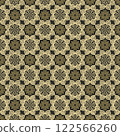 Arabian ethnic tribal fabric pattern features intricate floral designs in warm yellow tones, radiating classic beauty. The harmonious blend of traditional patterns and modern aesthetics ethnic to  122566260