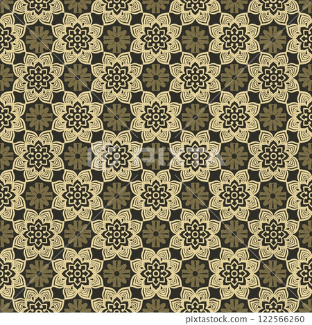 Arabian ethnic tribal fabric pattern features intricate floral designs in warm yellow tones, radiating classic beauty. The harmonious blend of traditional patterns and modern aesthetics ethnic to Arabian ethnic tribal fabric pattern features intricate floral designs in warm yellow tones, radiating classic beauty. The harmonious blend of traditional patterns and modern aesthetics ethnic to 122566260
