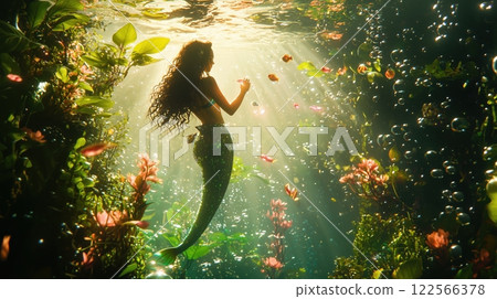 A fantastical mermaid dancing gracefully in a light-filled underwater garden 122566378