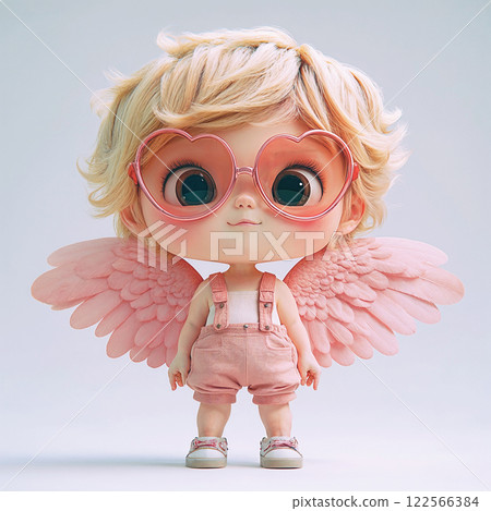 Cute Cupid boy in heart shape glasses and pink wings. Cartoon St Valentines day character isolated on white background 122566384