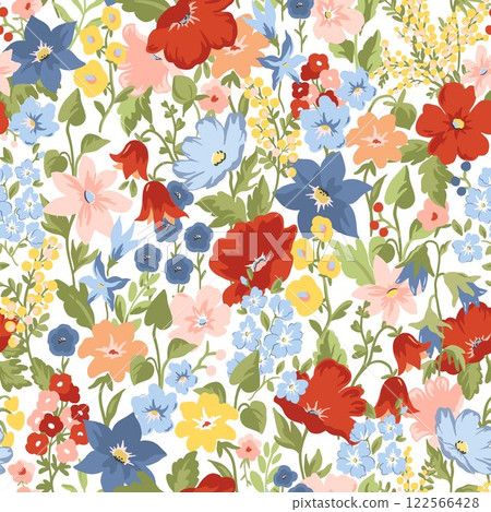 This beautiful floral plant background is perfect for fashion, wallpapers, and prints. It showcases the Liberty style known as millefleurs, and the Scandinavian floral design adds a modern touch. This beautiful floral plant background is perfect for fashion, wallpapers, and prints. It showcases the Liberty style known as millefleurs, and the Scandinavian floral design adds a modern touch. 122566428