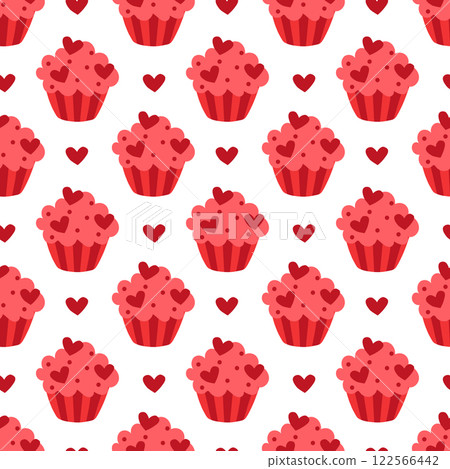 Seamless pattern with Red Valentine Day Cupcake with hearts. Vector flat illustration. Seamless pattern with Red Valentine Day Cupcake with hearts. Vector flat illustration. 122566442