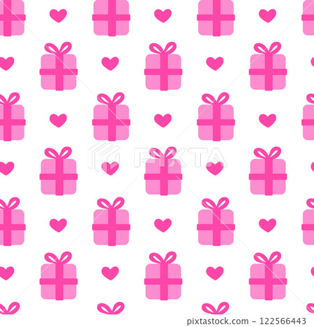 Seamless Pattern with Pink Valentine Day Gift box and hearts. Vector flat illustration. 122566443