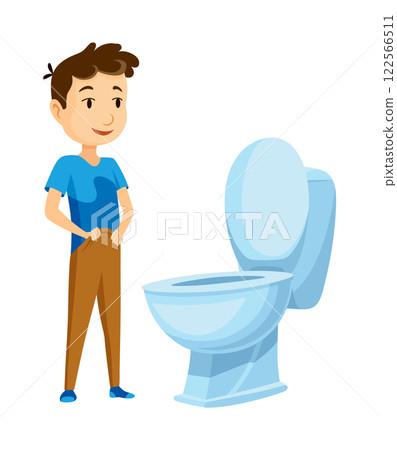 Kid use bathroom icon set. Baby boy using toilet. Cartoon funny preschool kid training to use toilet, isolated on white. Vector illustration infographic how to use the toilet 122566511