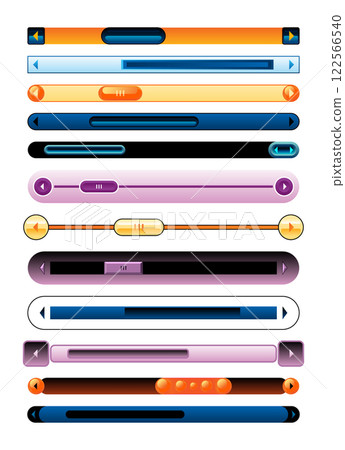 Scroll bars slider set. UI horizontal sliders set. Multicolor modern UI elements. Buttons with adjustable knobs for controlling audio or video. Vector illustration of intuitive design elements 122566540