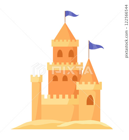 Sand castle. Kids fortress constructions. Sandy stronghold with wall and tower. Summer beach games to build sandy palaces or citadel. Vector cartoon illustration of beach sculptures Sand castle. Kids fortress constructions. Sandy stronghold with wall and tower. Summer beach games to build sandy palaces or citadel. Vector cartoon illustration of beach sculptures 122566544