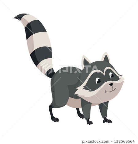 Cartoon raccoon character emotion. Funny wild coon pose, cute mammal. Vector design animal icon isolated on white background 122566564