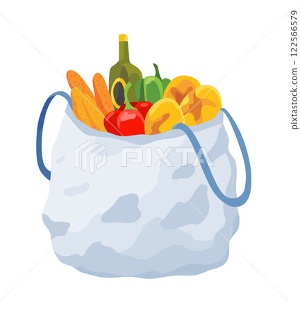 Shopping bag products grocery. Different food and beverage products, grocery shopping. Grocery supermarket. Fresh organic food and drinks. Grocery delivery concept 122566579