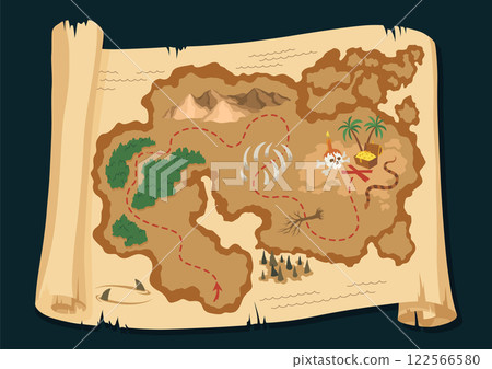Old treasure or pirate map. Vintage grunge adventure, treasure research game. Worn parchment with land and wind rose. Hand drawn vector illustration 122566580