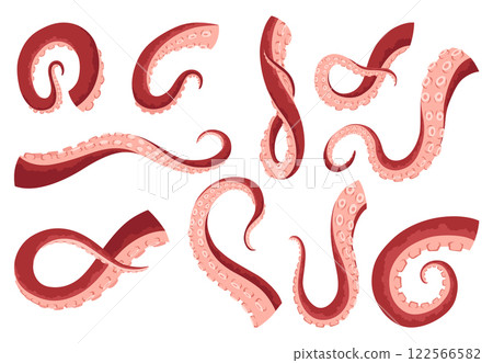 Octopus tentacles or sea squid icon set. Spooky marine monster arm on white background. Vector cartoon underwater animal Octopus tentacles or sea squid icon set. Spooky marine monster arm on white background. Vector cartoon underwater animal 122566582