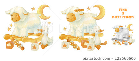 Finding differences. Attention task with fluffy gosling, rocking sheep, rattle and textile cube. Hand drawn composition of sleeping plush and wooden toys. Educational puzzle game for school readiness 122566606