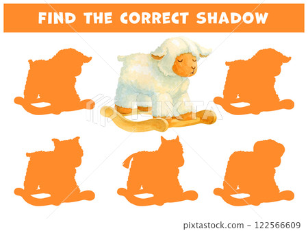 Find the correct shadow of watercolor Rocking toy sleeping lamb. Choose correct answer for plush toy. Matching game. Isolated hand drawn illustration of soft toy on white background for learning card 122566609
