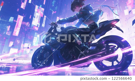 騎車女孩穿越賽博龐克城市 122566640