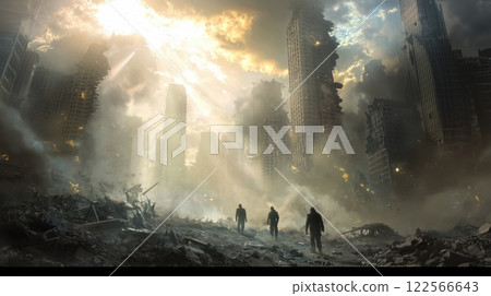 Survivors walking through the ruins of a city Survivors walking through the ruins of a city 122566643