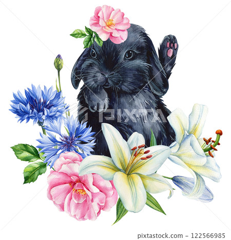 Vintage watercolor rabbit hand-drawn bunnies with blossoms, spring floral wildlife art, soft pastel animals, baby decor 122566985